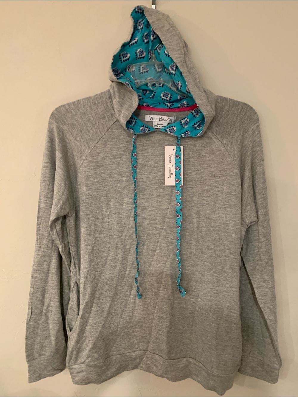 Vera Bradley Heather Gray Hoodie with Teal Print Lined Hood NWT size small